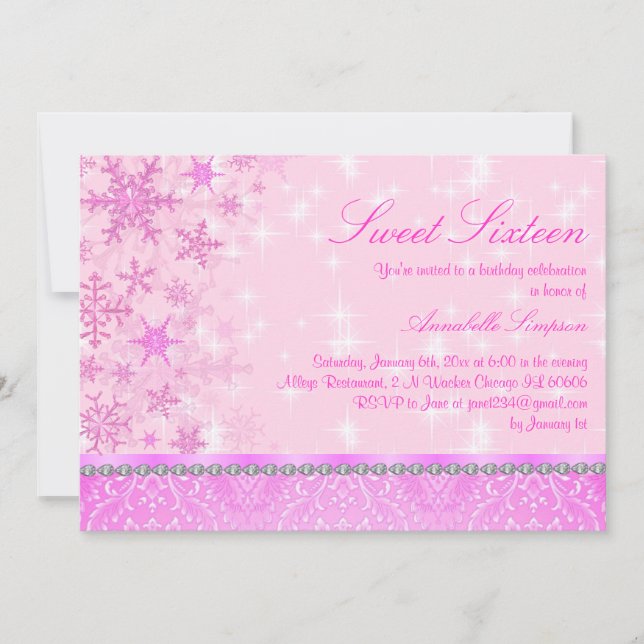 Pink Sparkle Snowflake Sweet16 Invite (Front)