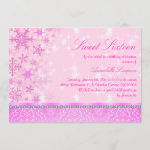 Pink Sparkle Snowflake Sweet16 Invite