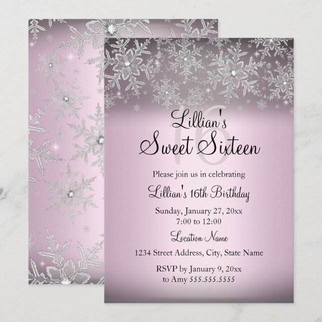Pink Sparkle Snowflake Sweet 16 Invitation (Front/Back)