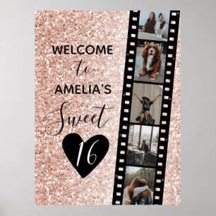 Pink Sparkle Sweet 16 Birthday Welcome Photo Poster