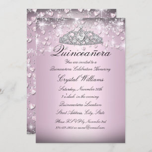 Pink Sparkle Tiara & Hearts Quinceanera Invite