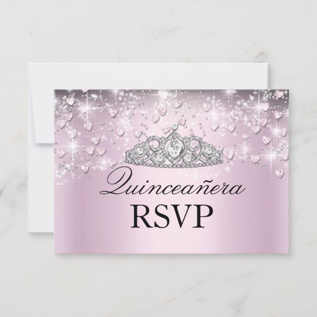 Pink Sparkle Tiara & Hearts Quinceanera RSVP (Front)