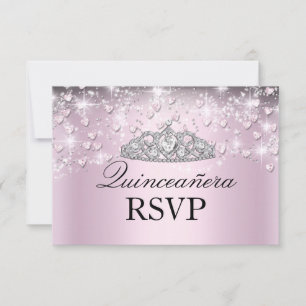 Pink Sparkle Tiara & Hearts Quinceanera RSVP Card
