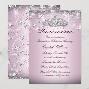 Pink Sparkle Tiara Stars Quinceanera Invite