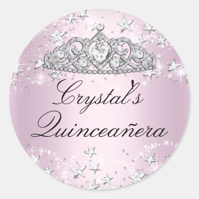 Pink Sparkle Tiara Stars Quinceanera Sticker (Front)