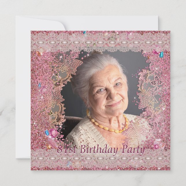 Pink Sparkle Womans Pink Photo 81st Birthday Party Invitation (Front)