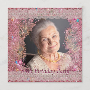 Pink Sparkle Womans Pink Photo 84th Birthday Party Invitation