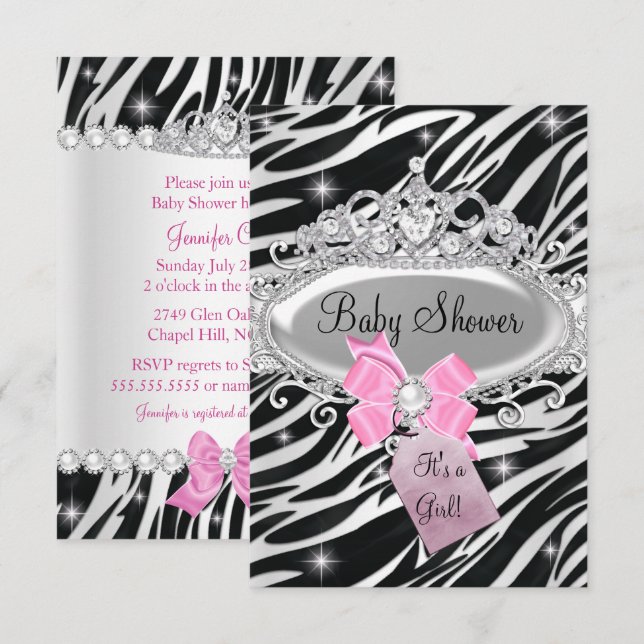Pink Sparkle Zebra Princess Tiara Baby Shower Invitation (Front/Back)