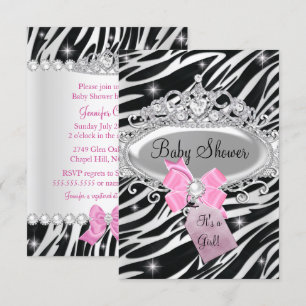 Pink Sparkle Zebra Princess Tiara Baby Shower Invitation