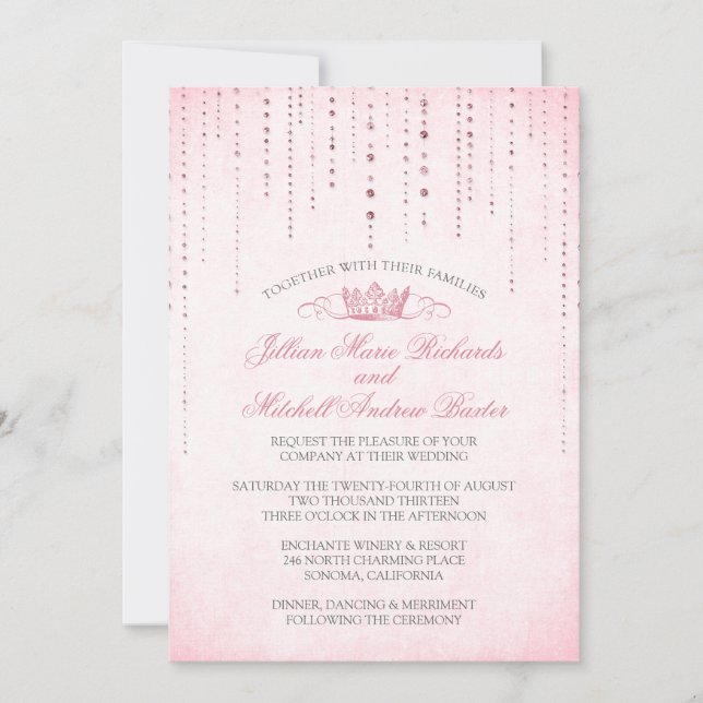 Pink Sparkles & Crown Fairytale Wedding Invitation (Front)