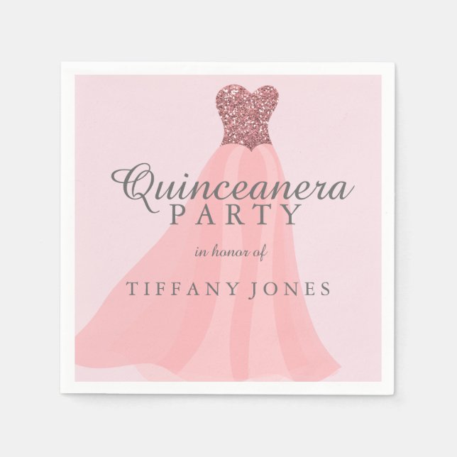 Pink Sparkling Glitter Gown Quinceanera Party Napkin (Front)
