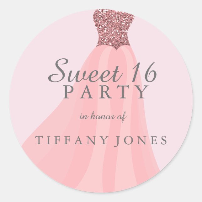 Pink Sparkling Glitter Gown Sweet 16 Party Classic Round Sticker (Front)