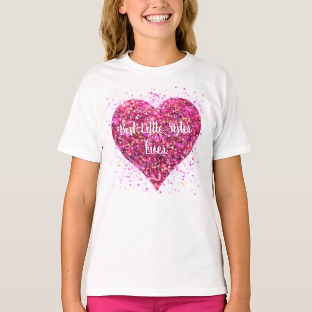 Pink sparkling glitter heart best little sister  T-Shirt (Front)
