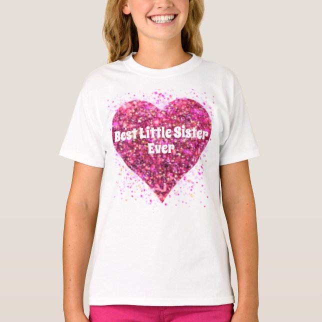 Pink sparkling glitter heart best little sister  T-Shirt (Front)