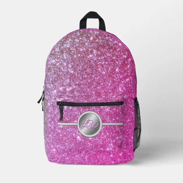 Pink sparkling glitter monogram  printed backpack (Front)