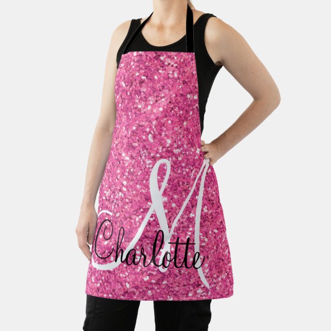 Pink sparkling glitter monogrammed     apron (Insitu)