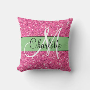 Pink sparkling glitter monogrammed     cushion