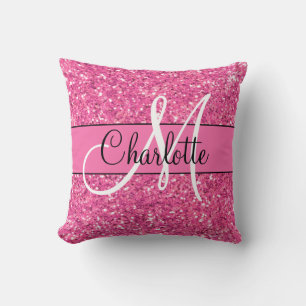 Pink sparkling glitter monogrammed cushion