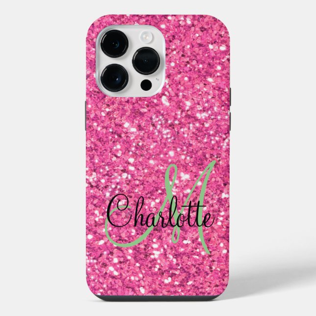 Pink sparkling glitter monogrammed    iPhone case (Back)