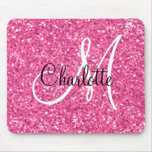 Pink sparkling glitter monogrammed mouse mat