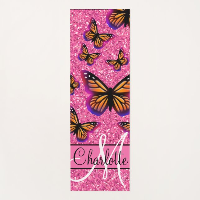 Pink sparkling glitter, orange pink butterflies yoga mat (Front)