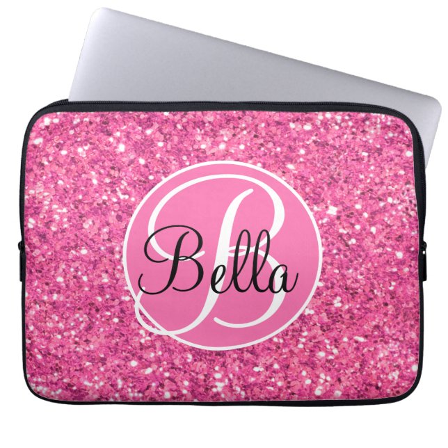 Pink sparkling glitter pattern monogrammed    laptop sleeve (Front)