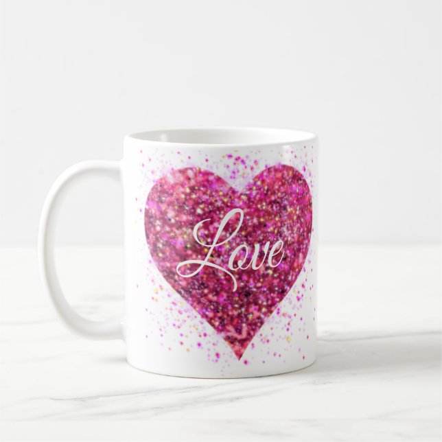 Pink sparkling sequins heart love valentine coffee mug (Left)