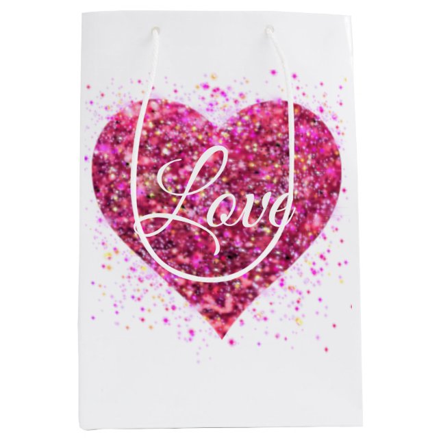 Pink sparkling sequins, love graffiti valentine medium gift bag (Front)