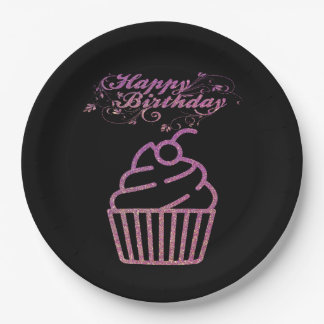 Pink Sparkly Birthday Cupcake Paper Plates