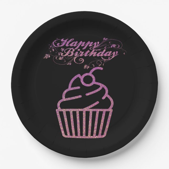 Pink Sparkly Birthday Cupcake Paper Plates (Front)