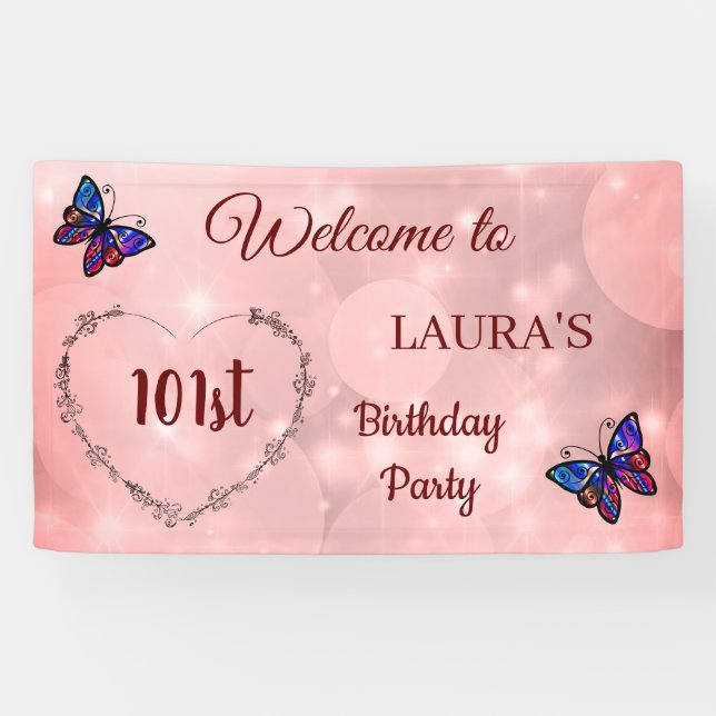 Pink Sparkly Butterfly personalised 101st Birthday Banner (Horizontal)