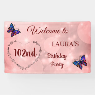 Pink Sparkly Butterfly personalised 102nd Birthday Banner