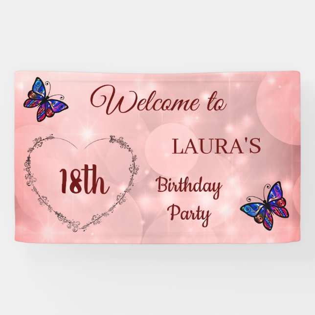 Pink Sparkly Butterfly personalised 18th Birthday Banner (Horizontal)