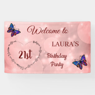 Pink Sparkly Butterfly personalised 21st Birthday Banner