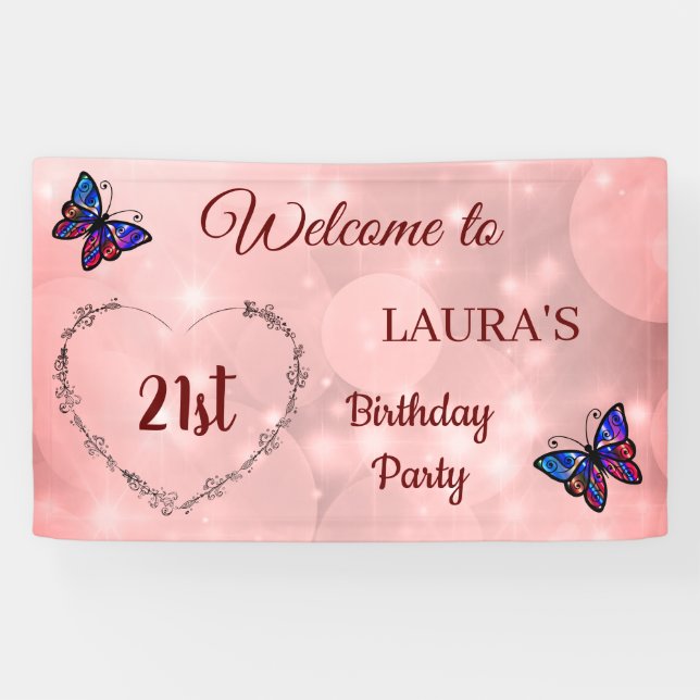 Pink Sparkly Butterfly personalised 21st Birthday Banner (Horizontal)