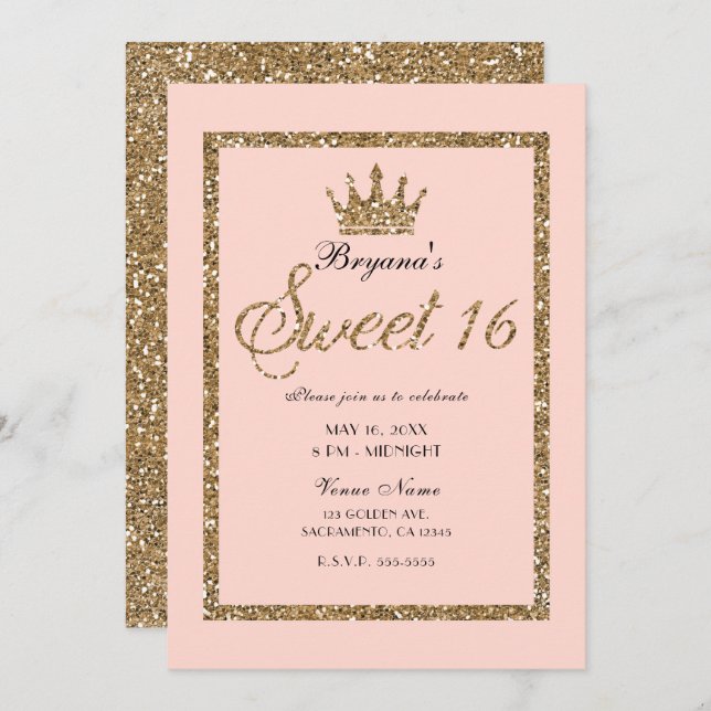 Pink Sparkly Gold Glitter Sweet 16 Princess Crown Invitation (Front/Back)