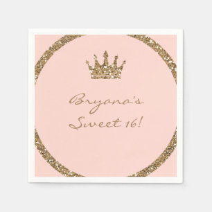 Pink Sparkly Gold Glitter Sweet 16 Princess Crown Napkin