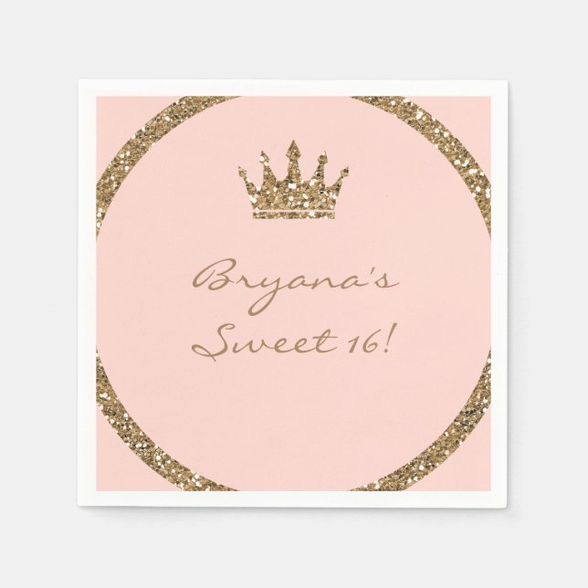 Pink Sparkly Gold Glitter Sweet 16 Princess Crown Napkin (Front)