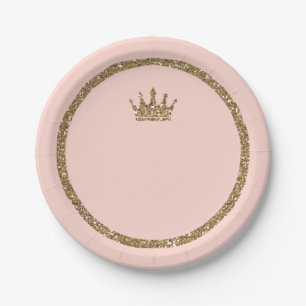 Pink Sparkly Gold Glitter Sweet 16 Princess Crown Paper Plate