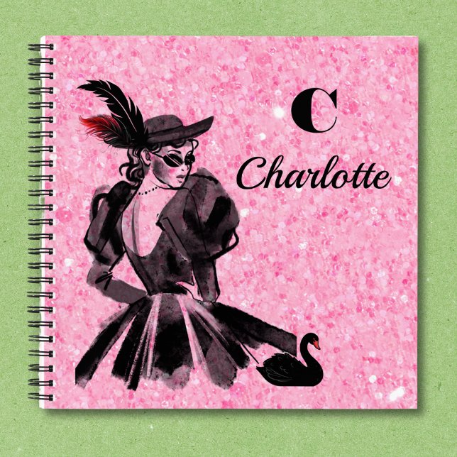 Pink Sparkly Notebook with Coquette Model (Optional sizes and interior notebook styles available.)