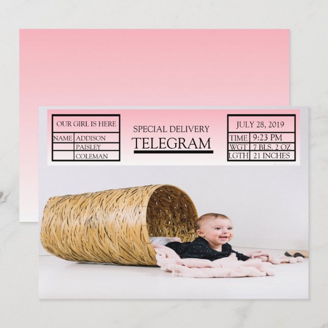 Pink Special Telegram Birth Announcement For Girl (Front/Back)