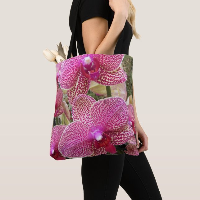Pink Speckled Phalaenopsis Orchids Floral Tote Bag (Close Up)
