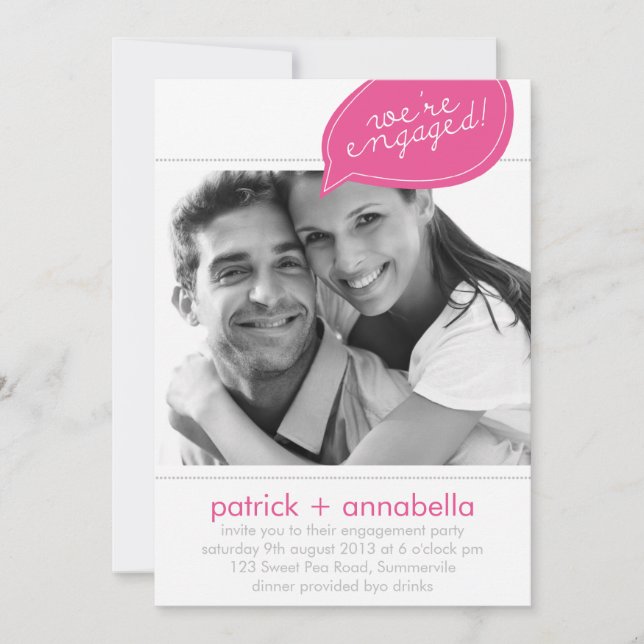 Pink Speech Bubble Engagement Party Photo Invites (Front)