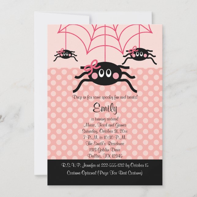 Pink Spider Halloween Birthday Invitations (Front)