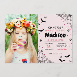 Pink Spider Halloween Birthday Invite with photo