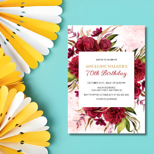 Pink Splash Burgundy Dahlia Rose Birthday Invitation