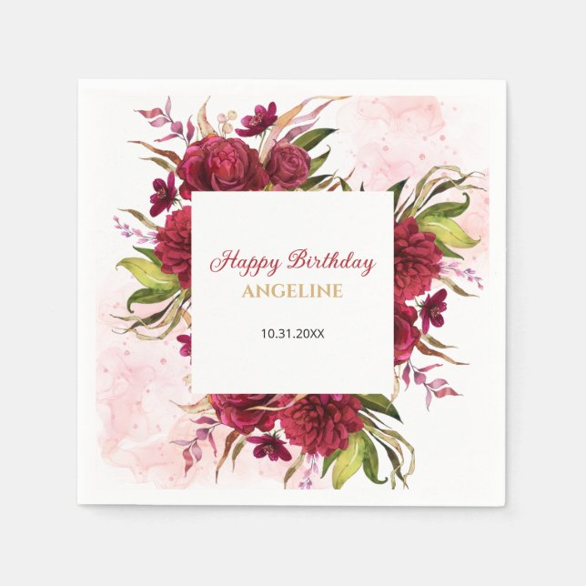 Pink Splash Burgundy Dahlia Rose Birthday Napkin (Front)