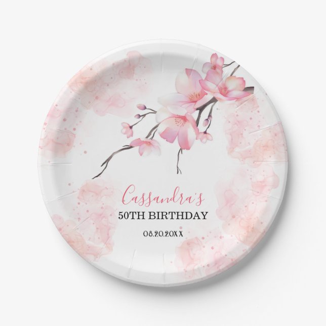 Pink Splash Cherry Blossom Floral Birthday Paper Plate (Front)