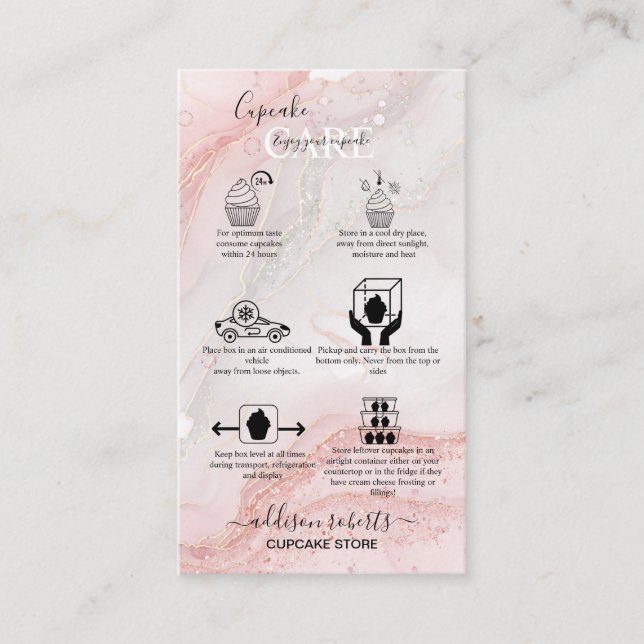 Pink Splash Liquid Glitter Marble Cupcake Care  Business Card (Front)