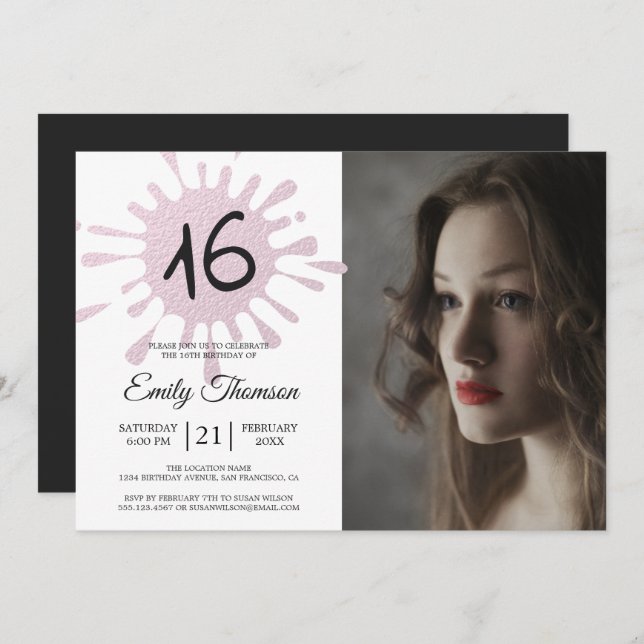 Pink Splash Sweet 16 16th Birthday Party Photo Invitation (Front/Back)